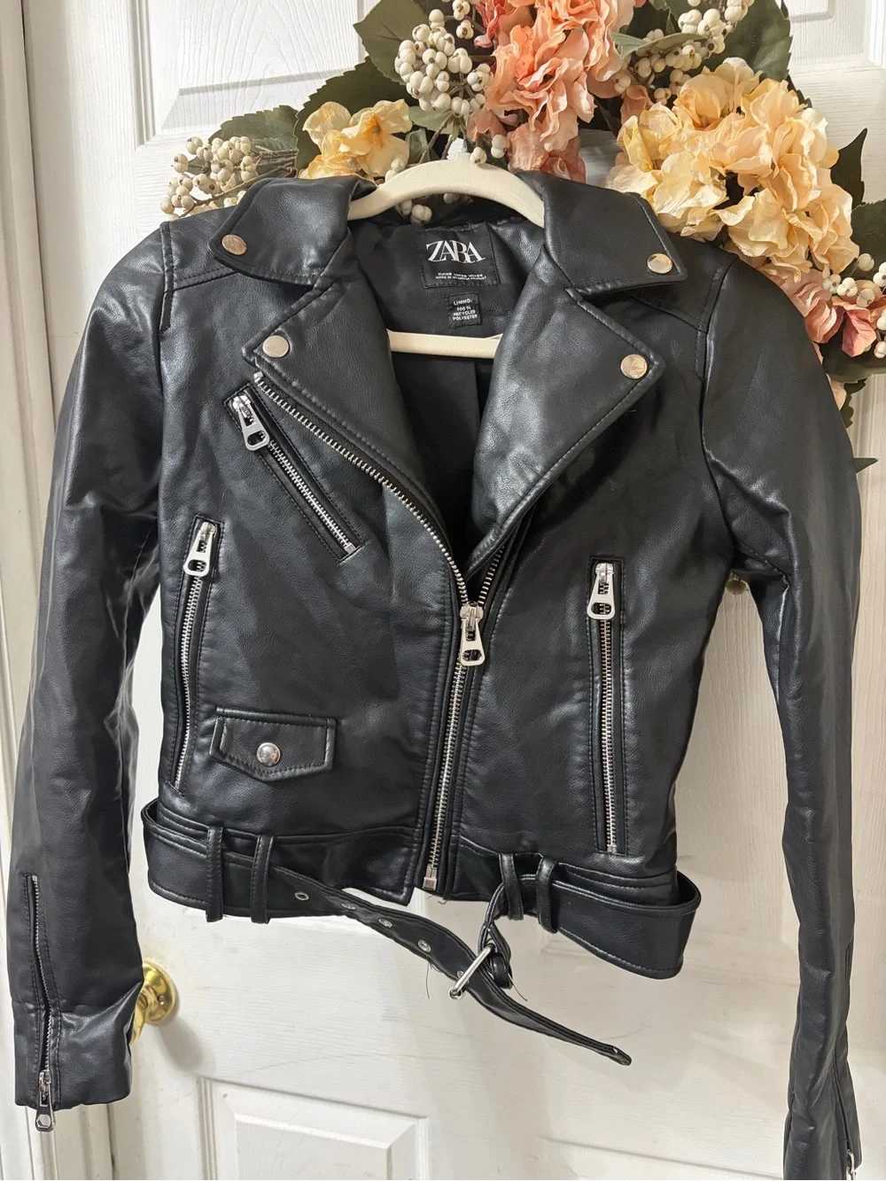 Zara Black Faux Leather Moto Jacket with Belt